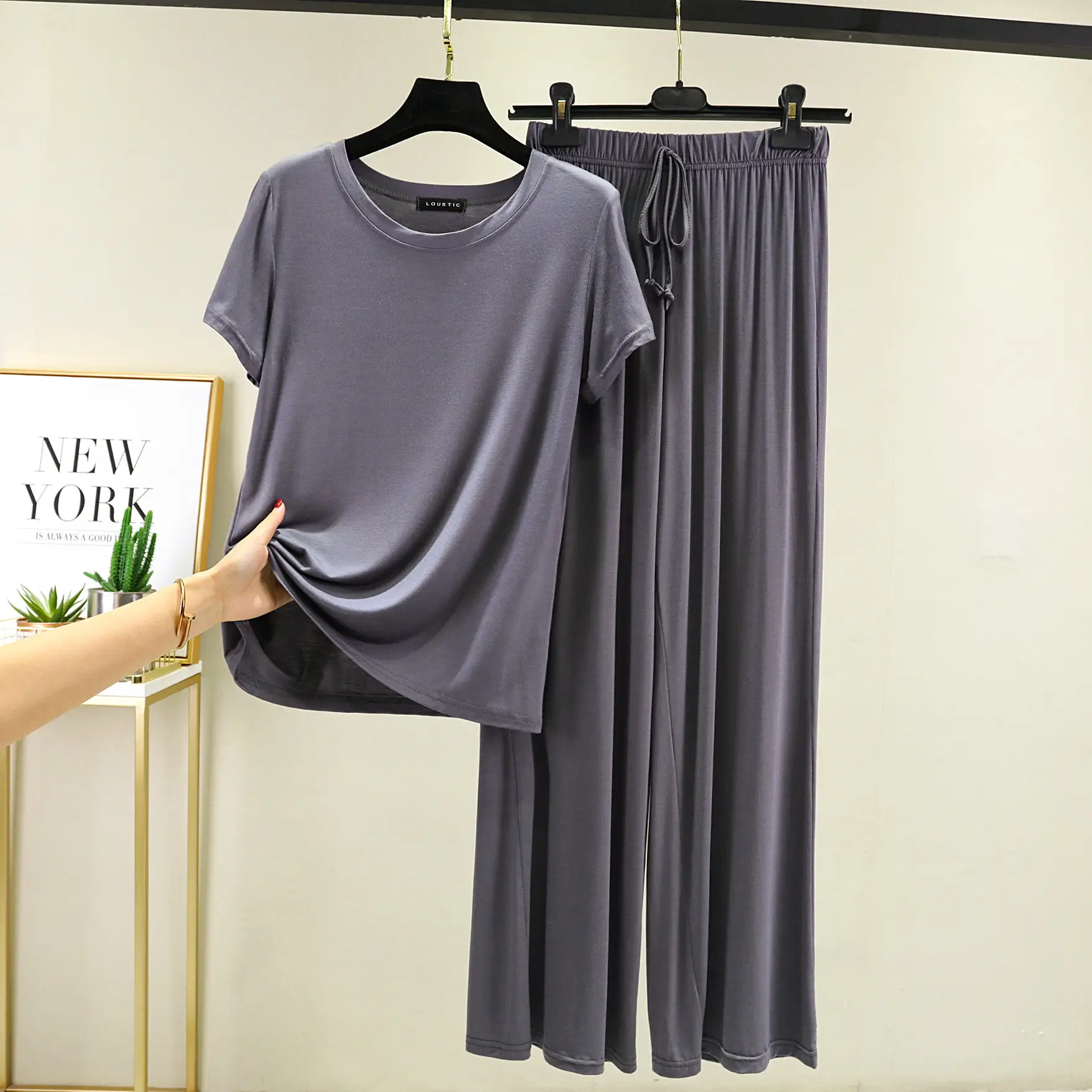 Modal T-shirt & Pants Set Pink Plus Size Summer Wear - Image 3