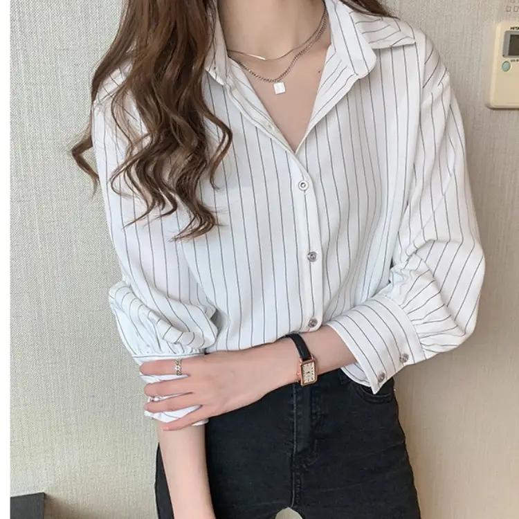 Women's Blue Striped Button-Up Shirt 2025 Spring Fall Retro Hong Kong Style - Image 4