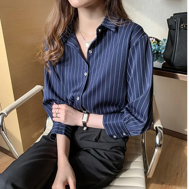 Women's Blue Striped Button-Up Shirt 2025 Spring Fall Retro Hong Kong Style - Image 6
