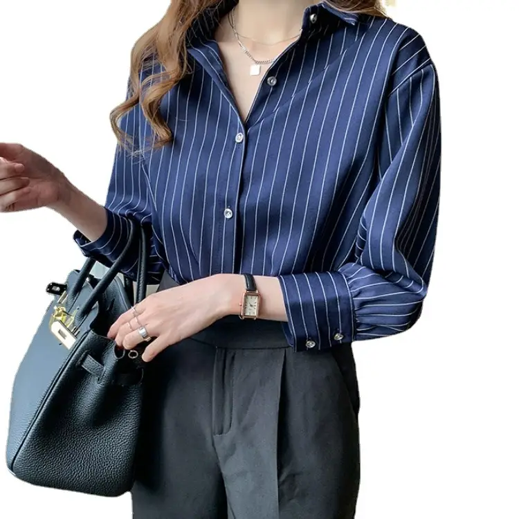 Women's Blue Striped Button-Up Shirt 2025 Spring Fall Retro Hong Kong Style - Image 7