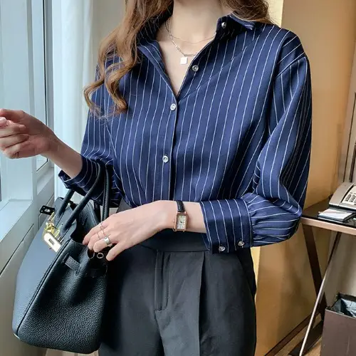 Women's Blue Striped Button-Up Shirt 2025 Spring Fall Retro Hong Kong Style - Image 2
