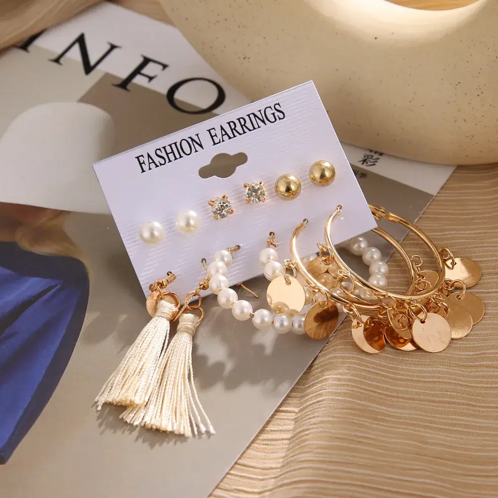 Pearl Tassel Earrings Set Gold Plated 6 Pcs - Image 16