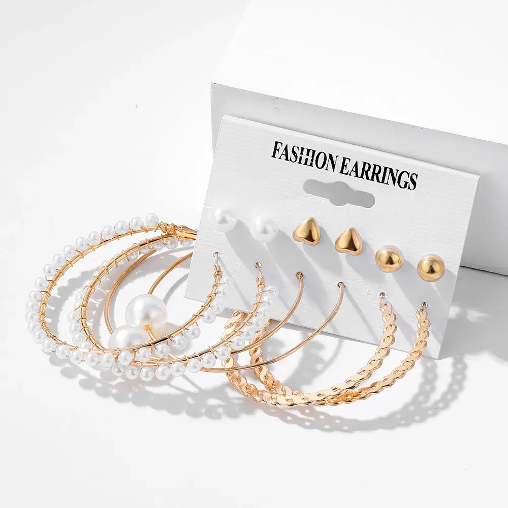 Pearl Tassel Earrings Set Gold Plated 6 Pcs - Image 11
