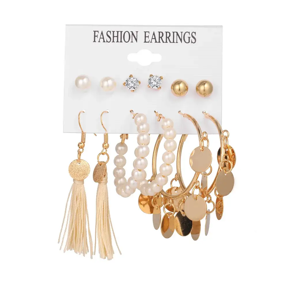 Pearl Tassel Earrings Set Gold Plated 6 Pcs - Image 5