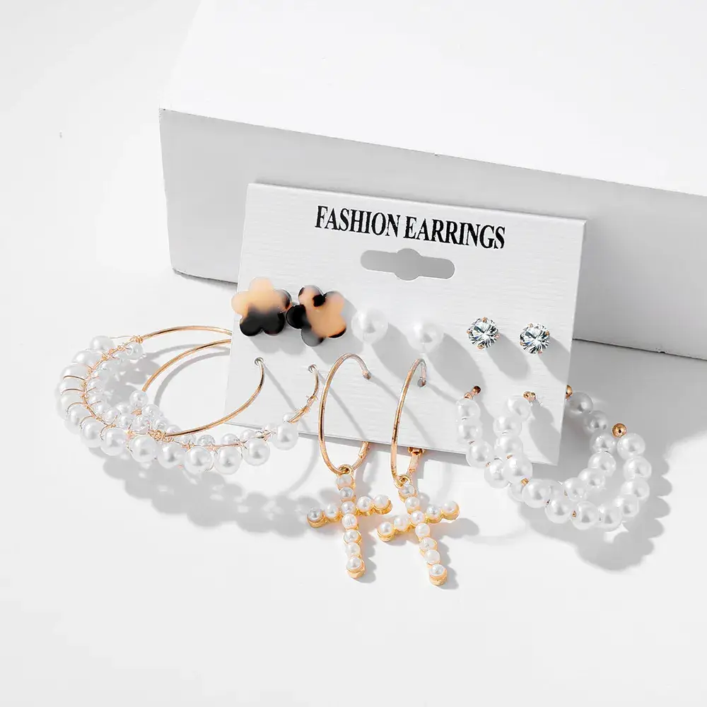 Pearl Tassel Earrings Set Gold Plated 6 Pcs - Image 6