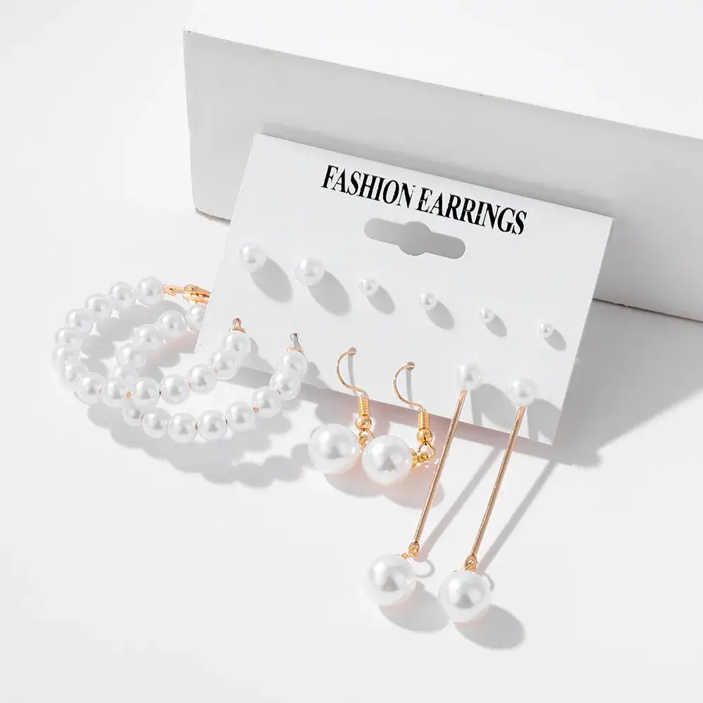 Pearl Tassel Earrings Set Gold Plated 6 Pcs - Image 7