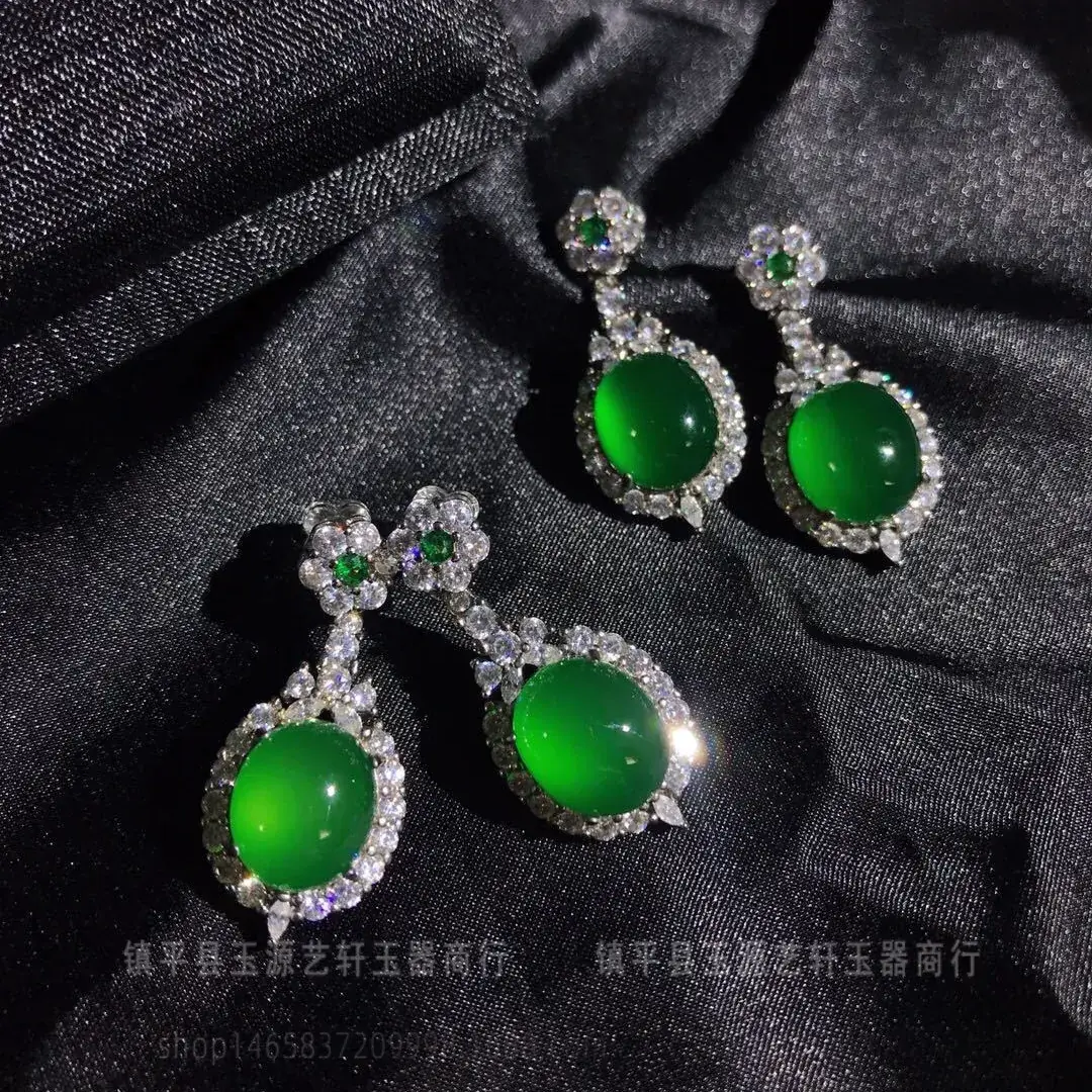 Women's Green Chalcedony Earrings with Ice Jade & Tassel Design - Image 13