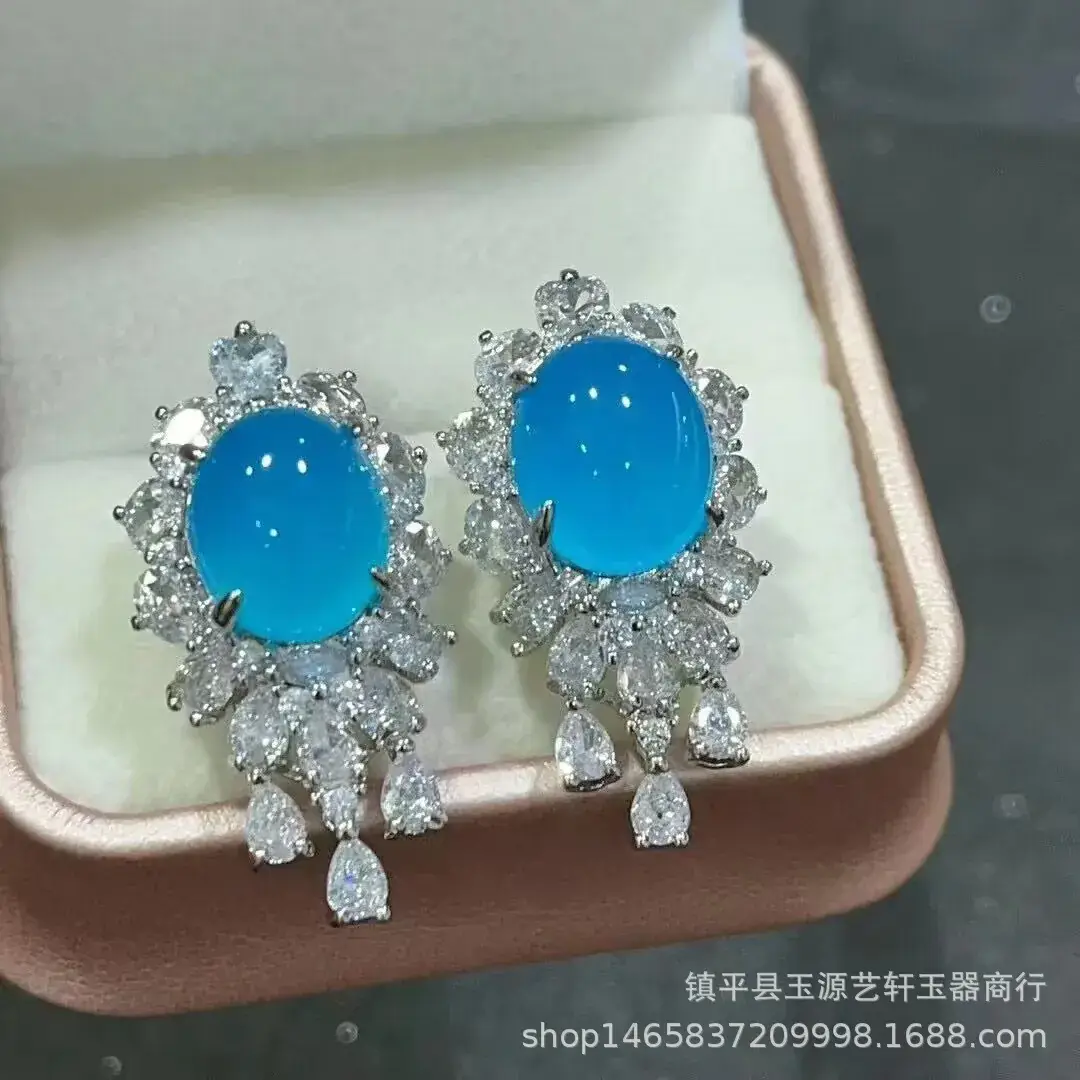 Women's Green Chalcedony Earrings with Ice Jade & Tassel Design - Image 3