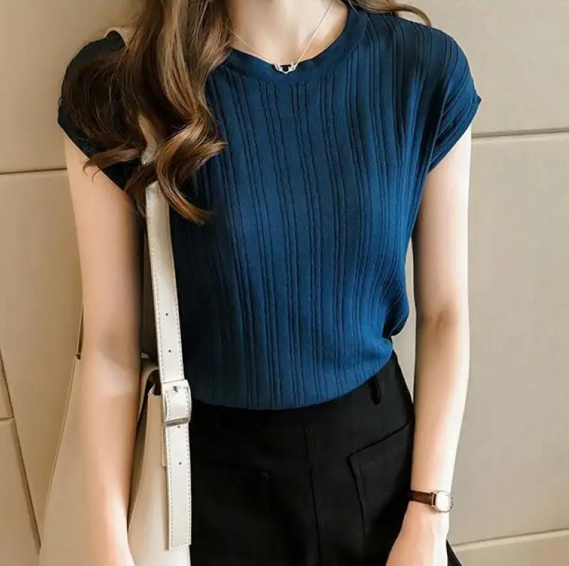 2023 Women's Loose Ribbed Blouse with Ice Silk Knit Short Sleeve - Image 6