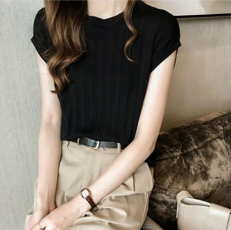 2023 Women's Loose Ribbed Blouse with Ice Silk Knit Short Sleeve - Image 9