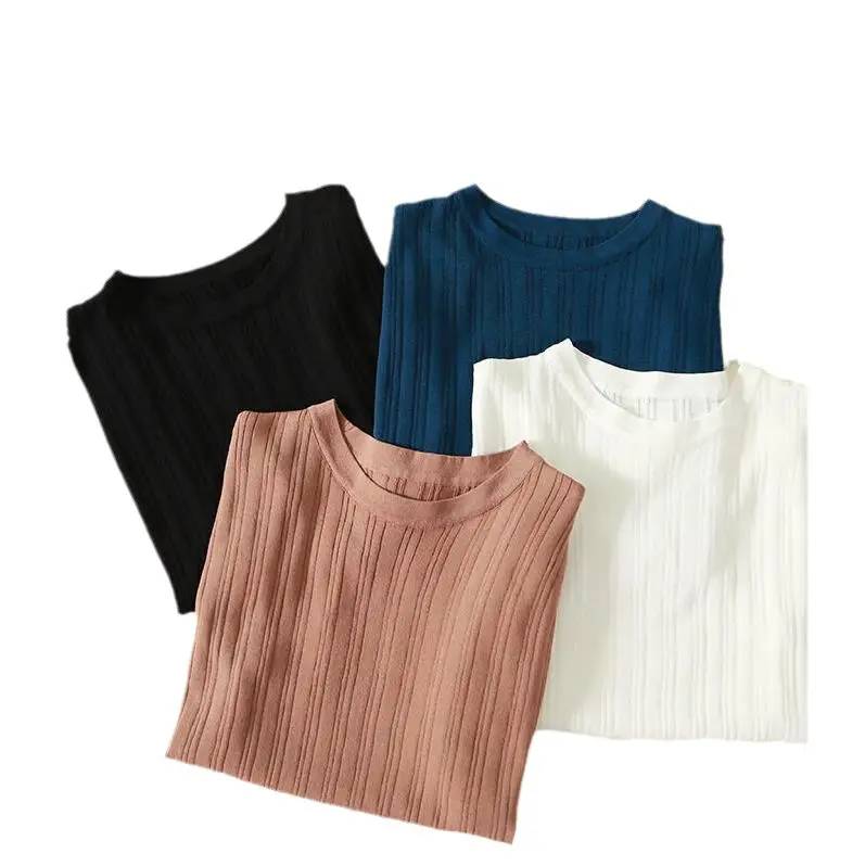 2023 Women's Loose Ribbed Blouse with Ice Silk Knit Short Sleeve - Image 10