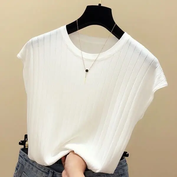 2023 Women's Loose Ribbed Blouse with Ice Silk Knit Short Sleeve — feature 10
