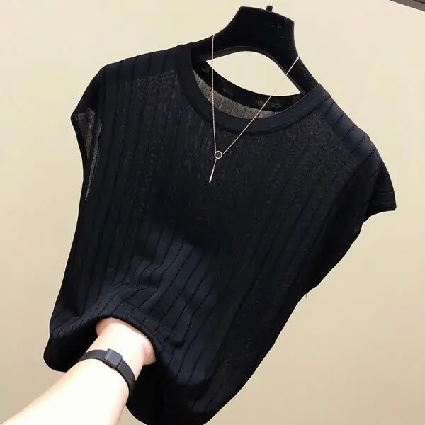 2023 Women's Loose Ribbed Blouse with Ice Silk Knit Short Sleeve — feature 11