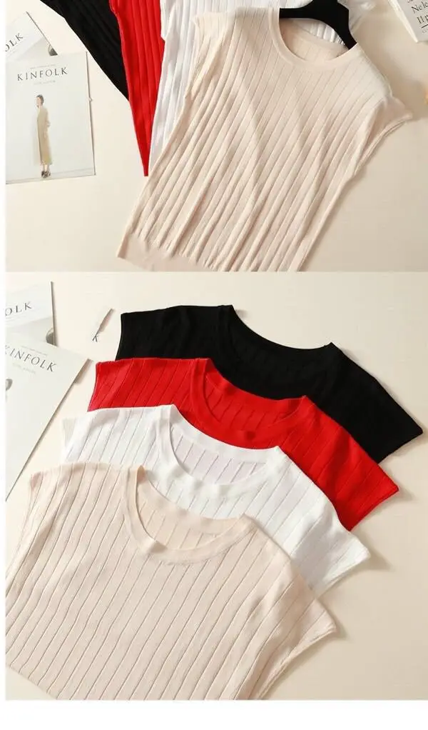 2023 Women's Loose Ribbed Blouse with Ice Silk Knit Short Sleeve — feature 2