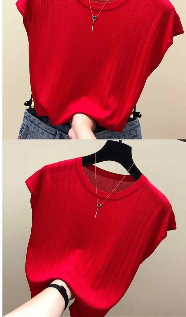 2023 Women's Loose Ribbed Blouse with Ice Silk Knit Short Sleeve — feature 4