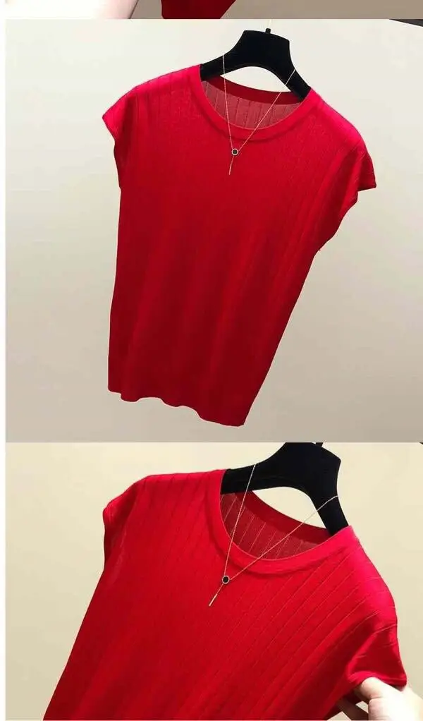 2023 Women's Loose Ribbed Blouse with Ice Silk Knit Short Sleeve — feature 5