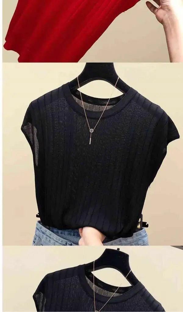 2023 Women's Loose Ribbed Blouse with Ice Silk Knit Short Sleeve — feature 6
