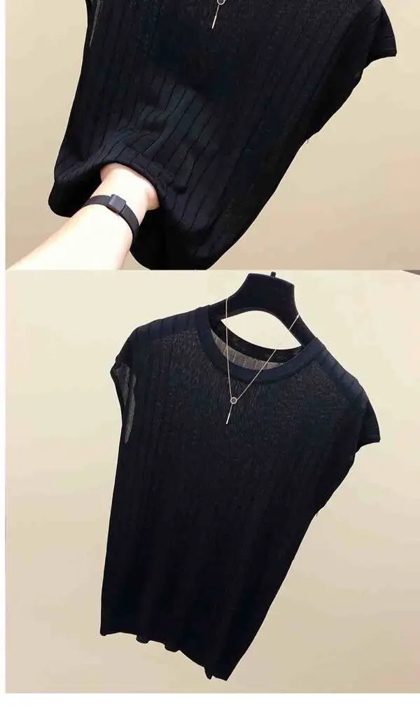 2023 Women's Loose Ribbed Blouse with Ice Silk Knit Short Sleeve — feature 7