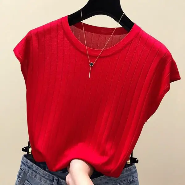 2023 Women's Loose Ribbed Blouse with Ice Silk Knit Short Sleeve — feature 8