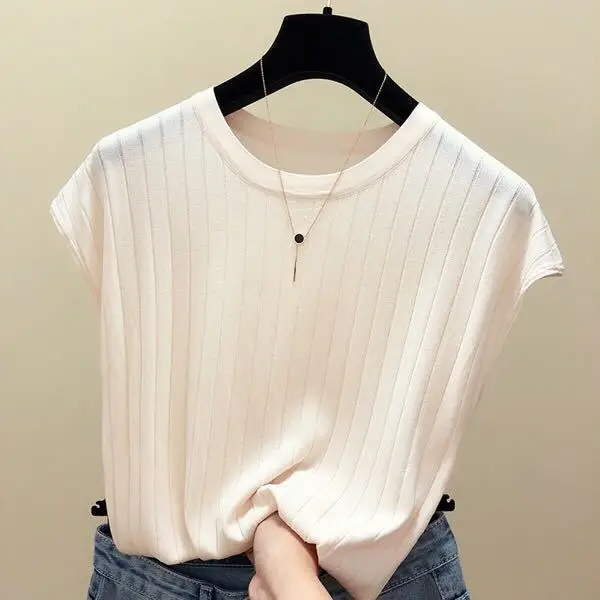 2023 Women's Loose Ribbed Blouse with Ice Silk Knit Short Sleeve — feature 9