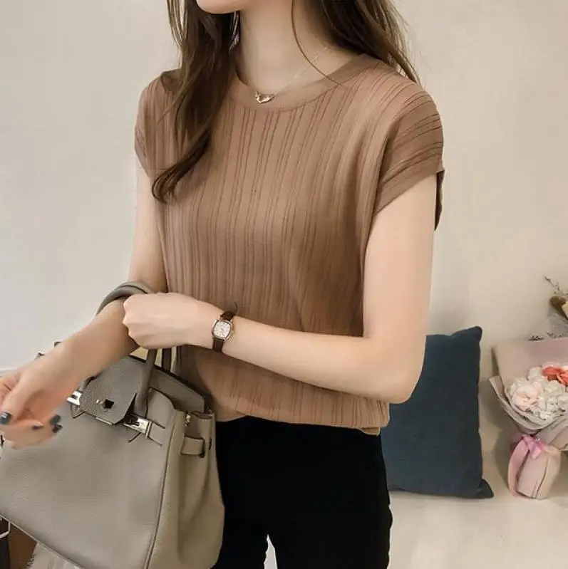 2023 Women's Loose Ribbed Blouse with Ice Silk Knit Short Sleeve - Image 2