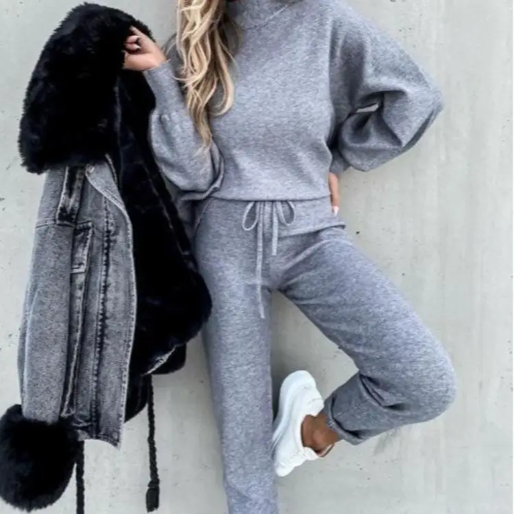 Women Grey Sweatpants Set Fall Winter Casual Two-Piece - Image 7