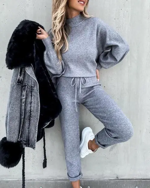 Women Grey Sweatpants Set Fall Winter Casual Two-Piece — feature 14