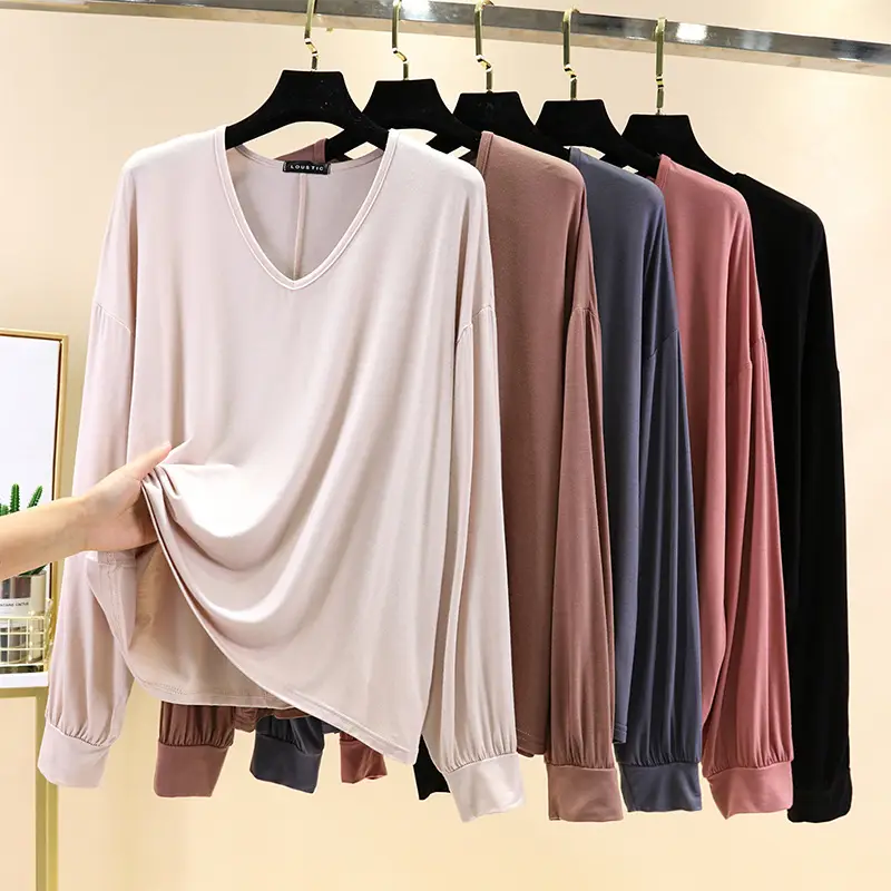Women V-Neck Long Sleeve T-Shirt Blue Modal - Image 11