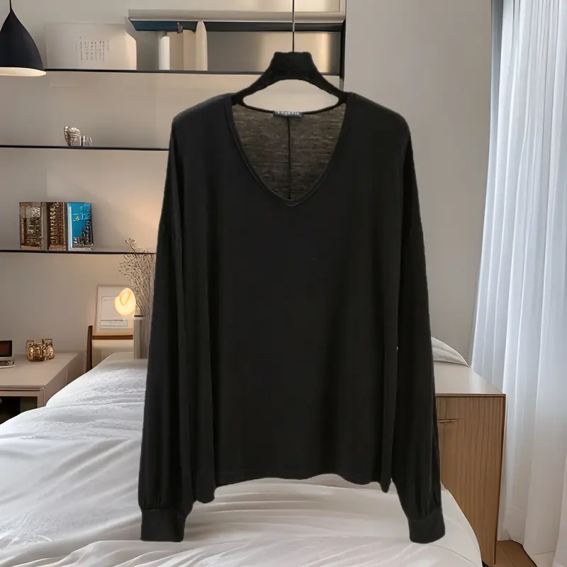 Women V-Neck Long Sleeve T-Shirt Blue Modal - Image 12