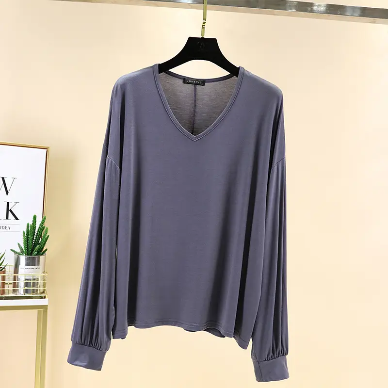 Women V-Neck Long Sleeve T-Shirt Blue Modal - Image 13