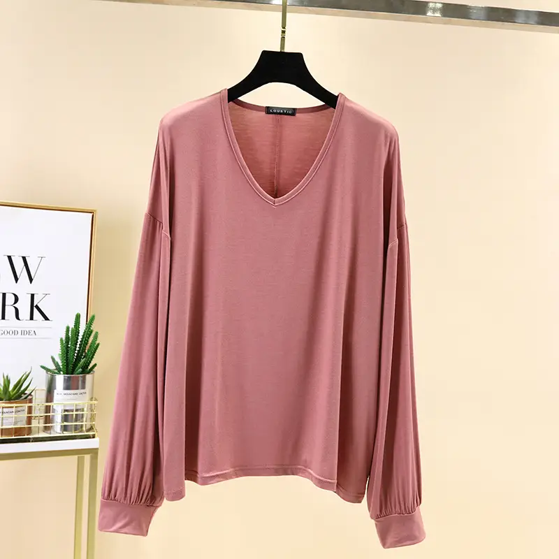 Women V-Neck Long Sleeve T-Shirt Blue Modal - Image 14