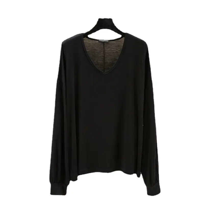 Women V-Neck Long Sleeve T-Shirt Blue Modal - Image 15