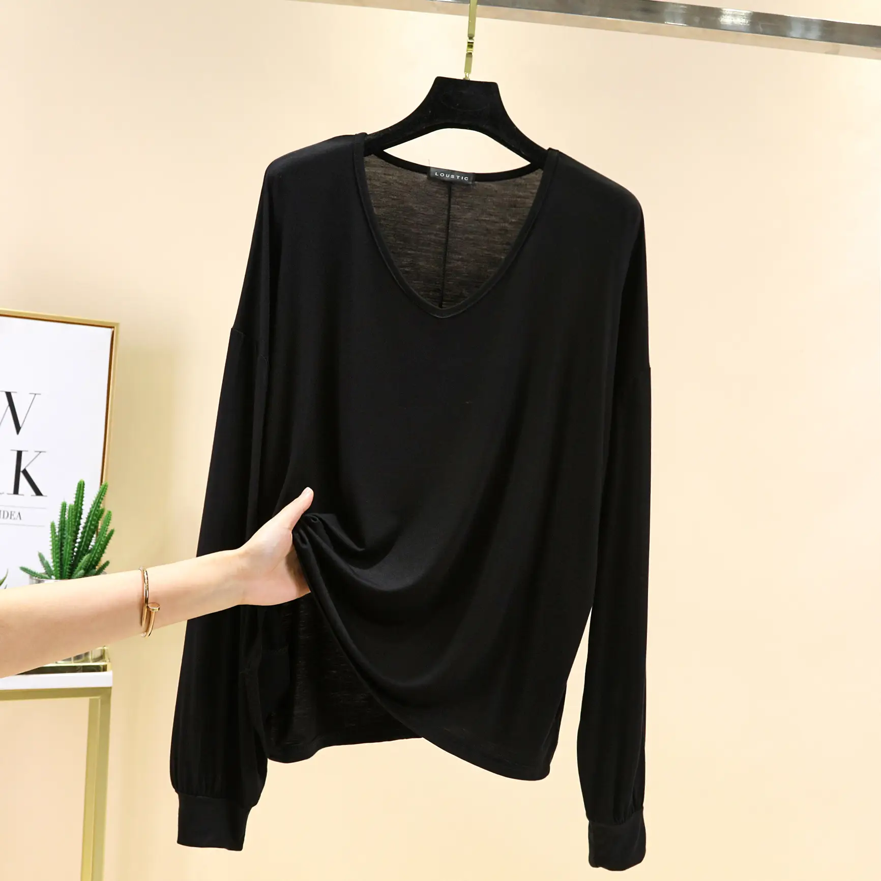 Women V-Neck Long Sleeve T-Shirt Blue Modal - Image 2