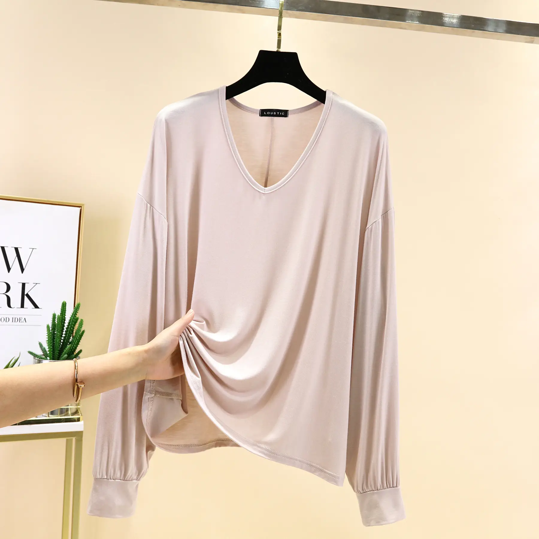 Women V-Neck Long Sleeve T-Shirt Blue Modal - Image 4