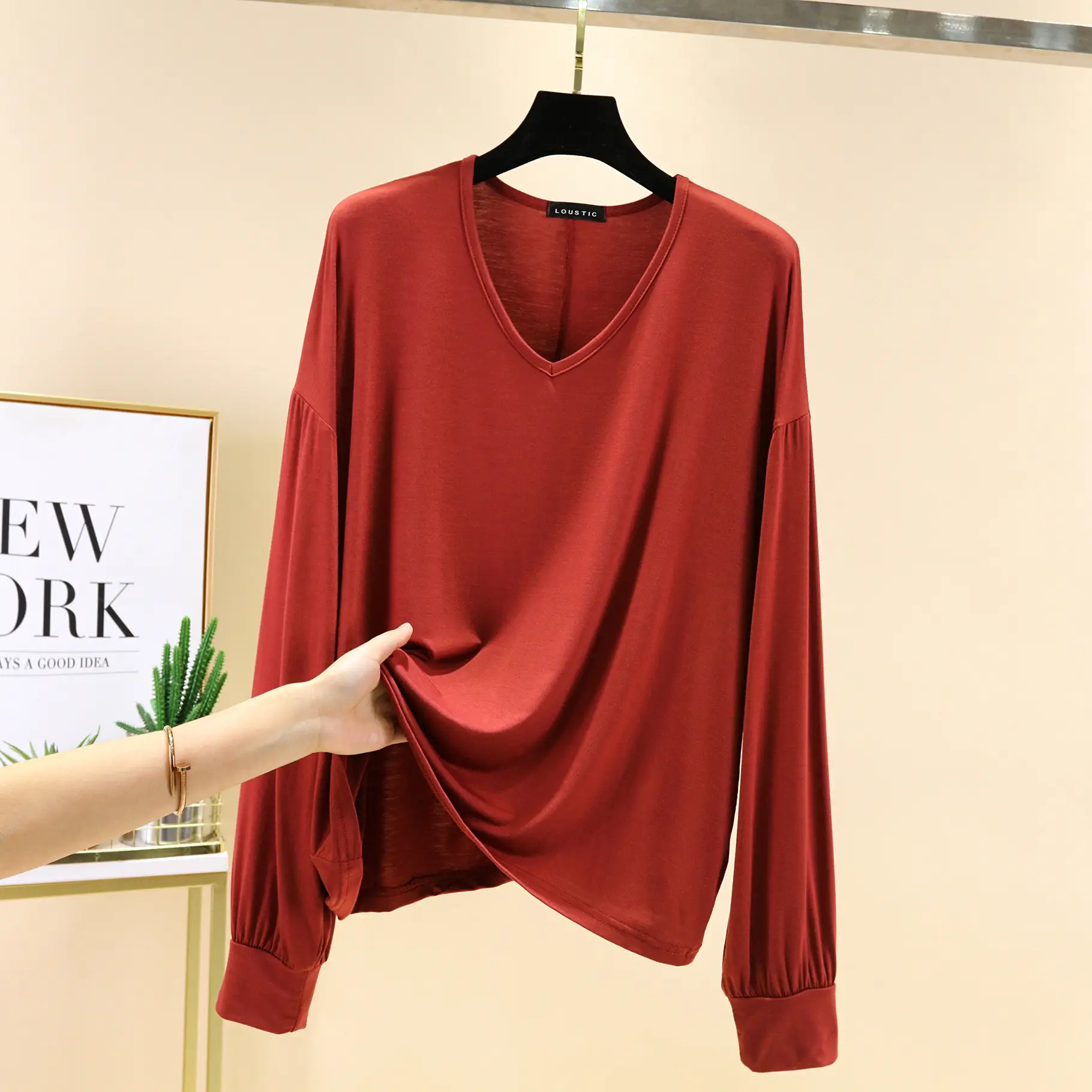 Women V-Neck Long Sleeve T-Shirt Blue Modal - Image 5