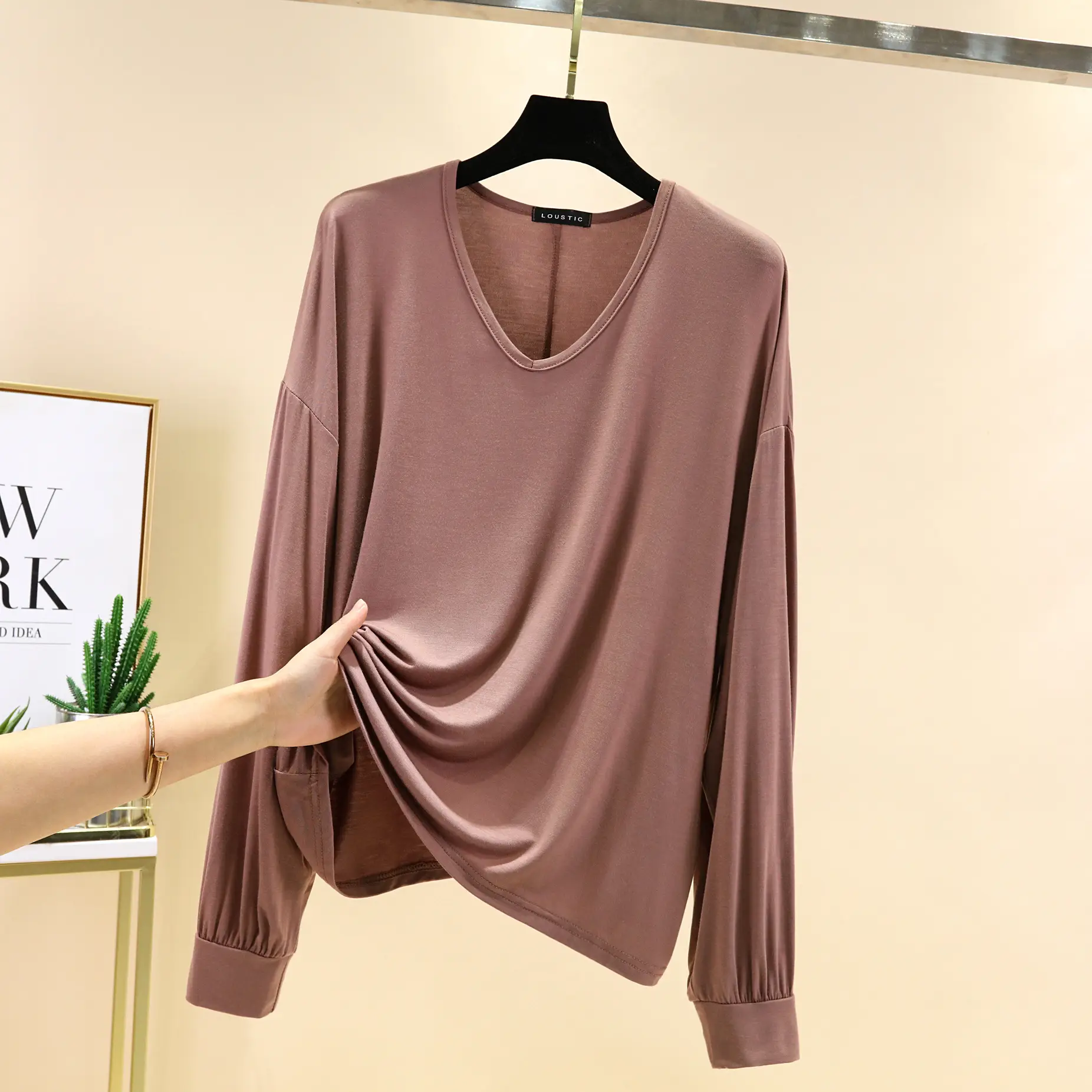 Women V-Neck Long Sleeve T-Shirt Blue Modal - Image 7