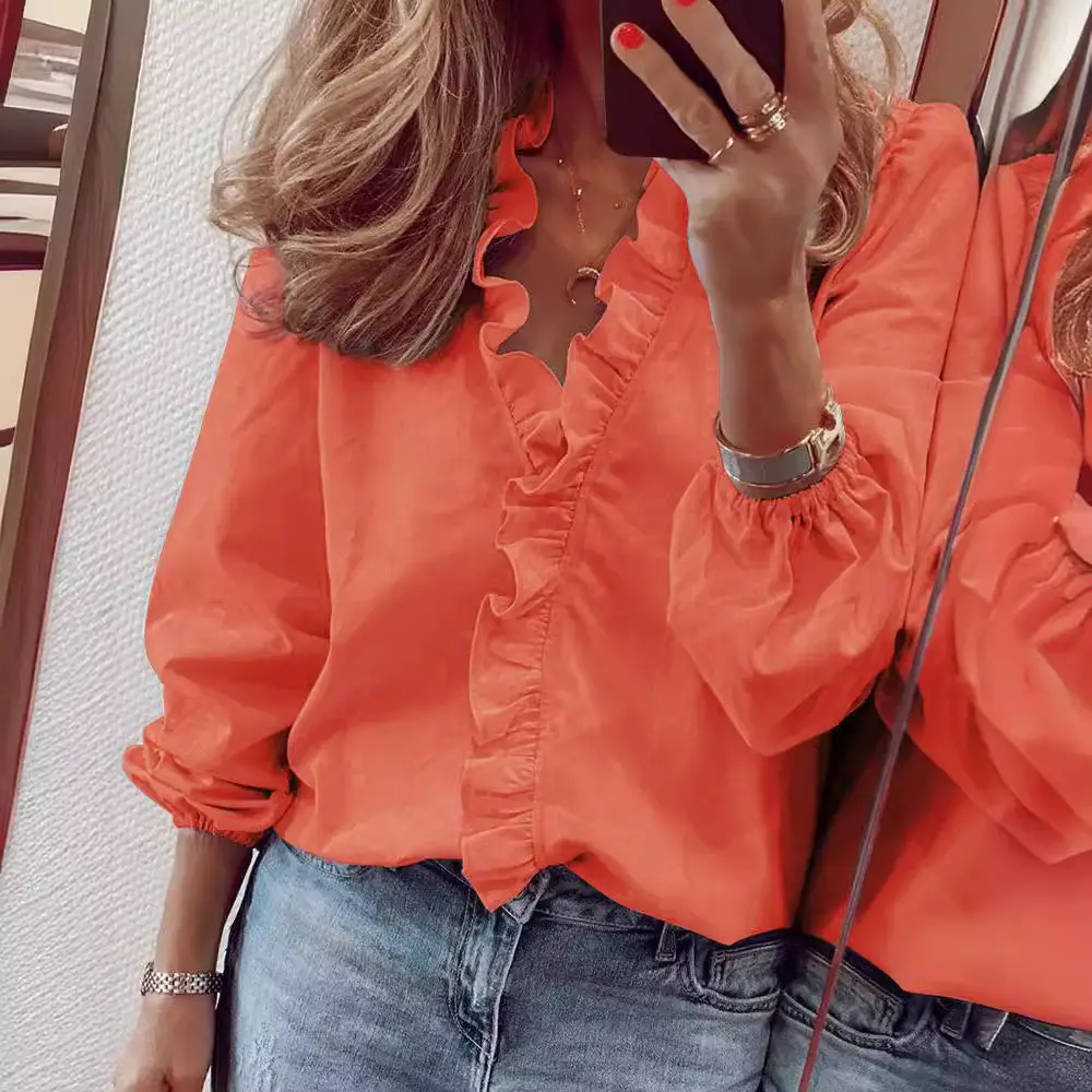 Women's Long Sleeve Ruffled White Shirt with Text Print - Image 25