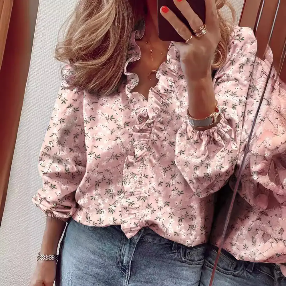 Women's Long Sleeve Ruffled White Shirt with Text Print - Image 26