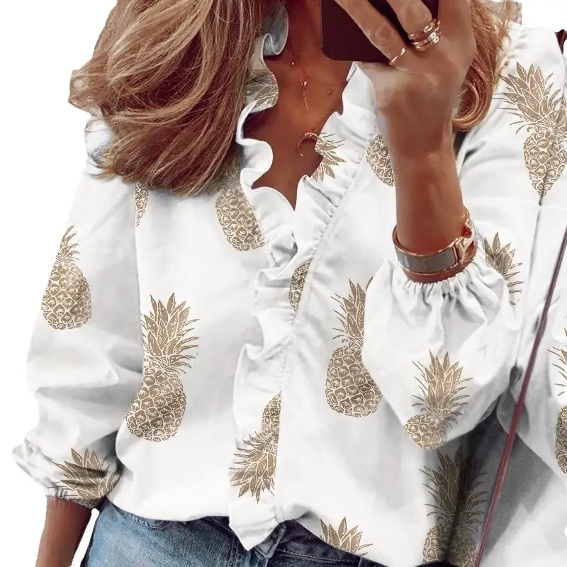 Women's Long Sleeve Ruffled White Shirt with Text Print - Image 27