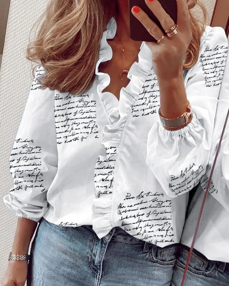 Women's Long Sleeve Ruffled White Shirt with Text Print — feature 49