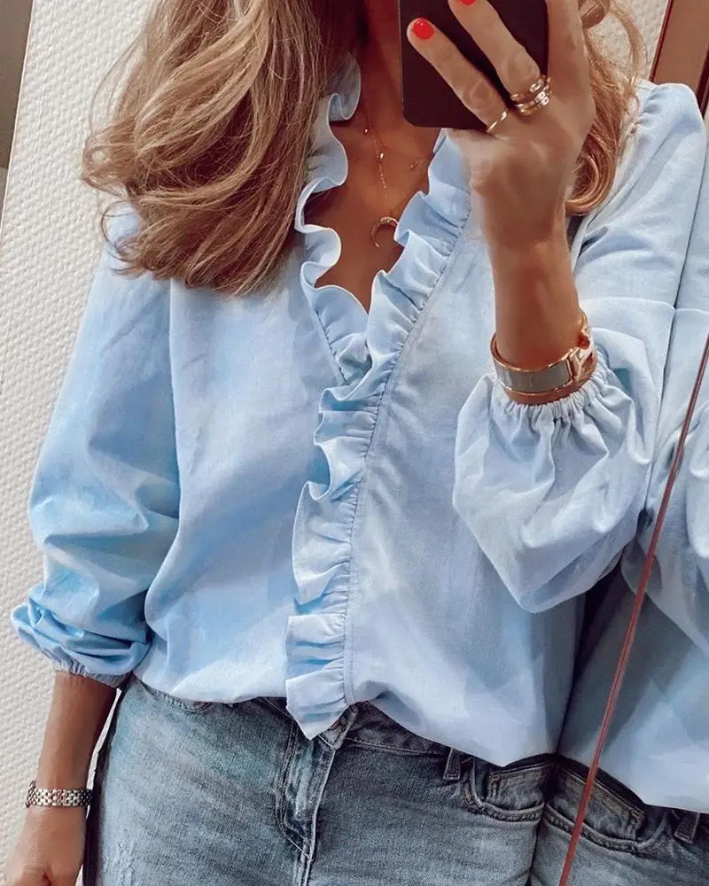 Women's Long Sleeve Ruffled White Shirt with Text Print — feature 58