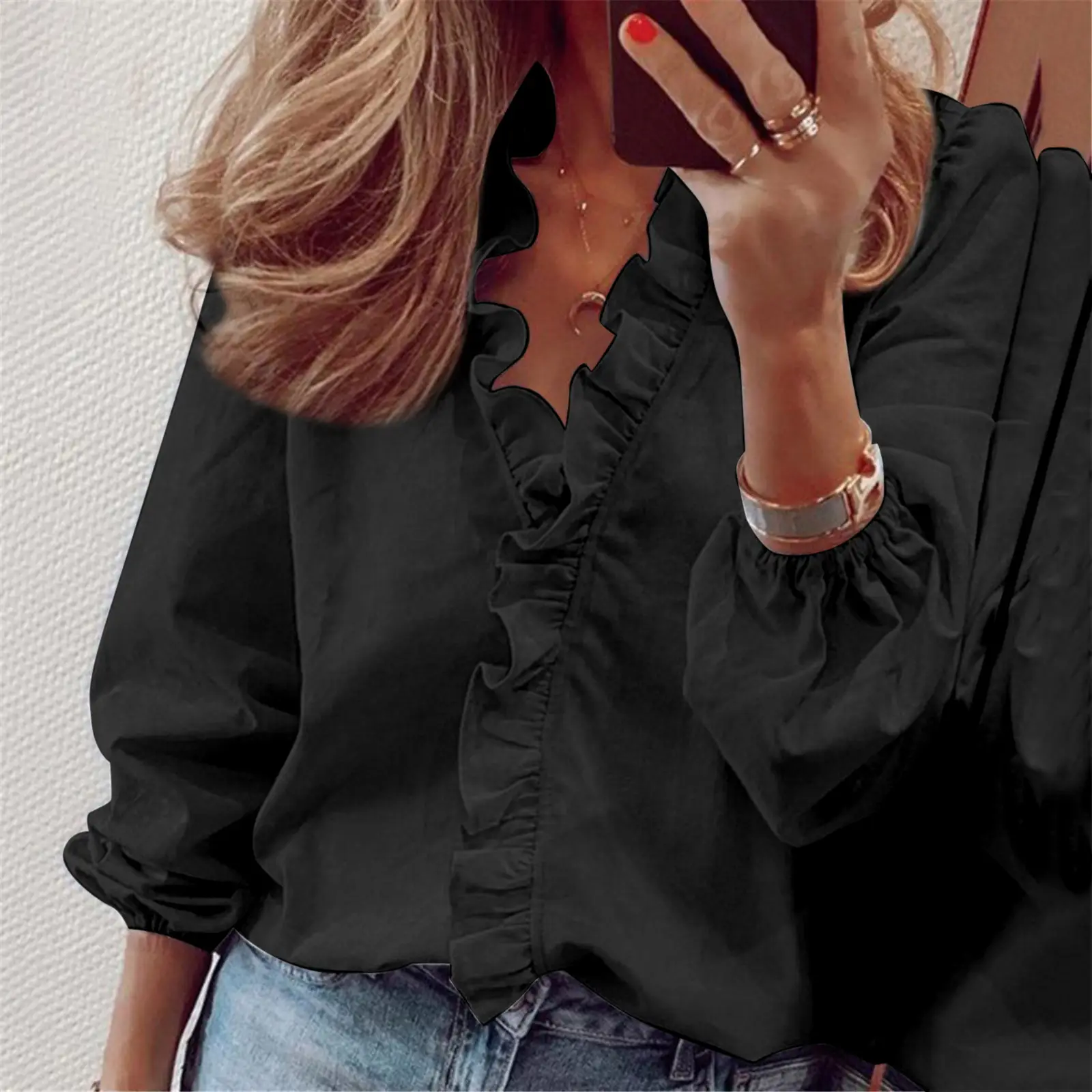 Women's Long Sleeve Ruffled White Shirt with Text Print - Image 2