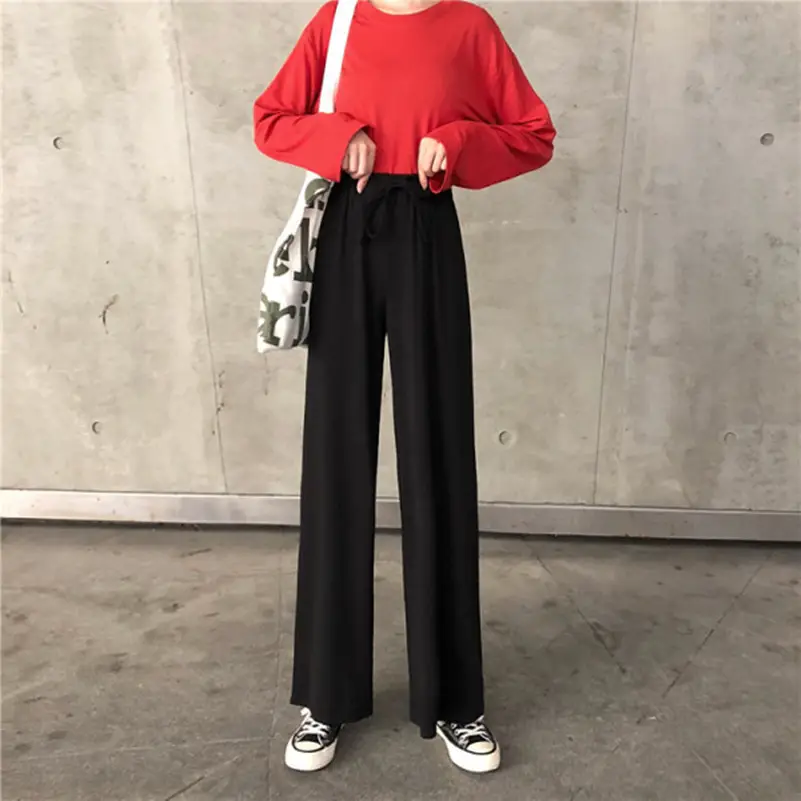Wide Leg Drawstring Pants Black Loose Slimming - Image 2