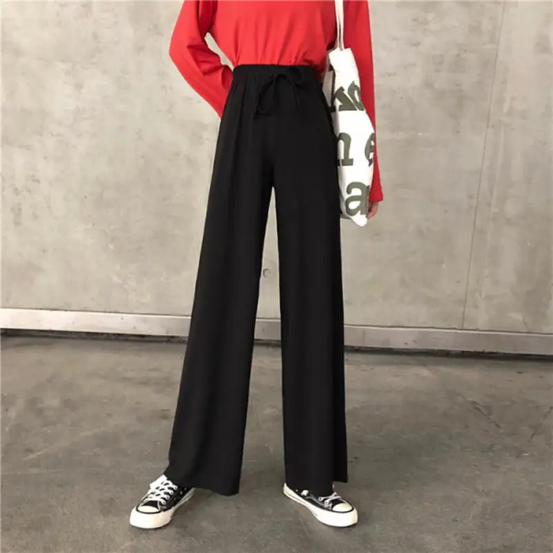 Wide Leg Drawstring Pants Black Loose Slimming - Image 4