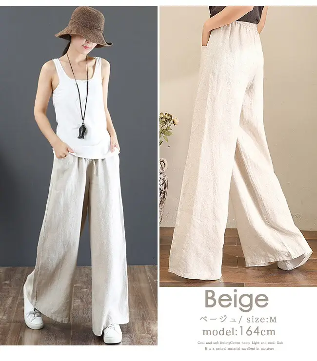 Korean Cotton Linen Wide Leg Pants Green Large — feature 17