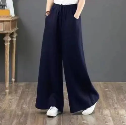 Korean Cotton Linen Wide Leg Pants Green Large - Image 6
