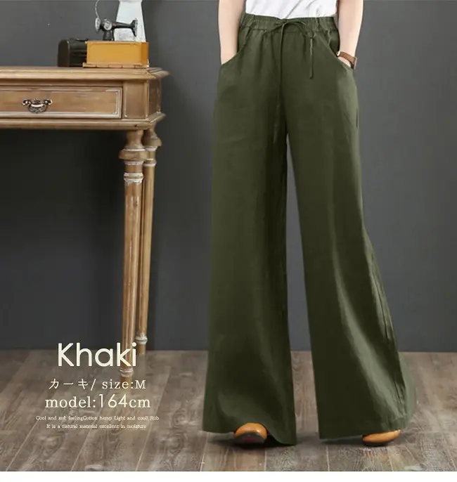 Korean Cotton Linen Wide Leg Pants Green Large - Image 8