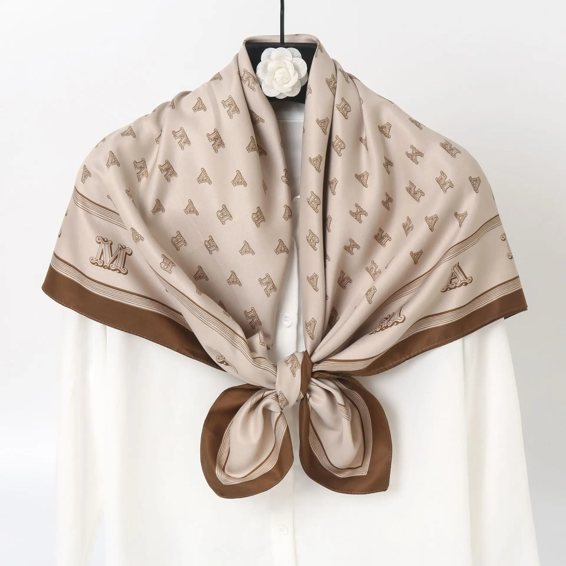 Muslim Women's M-Branded Scarf 90cm Large Square Beige Brown - Image 2