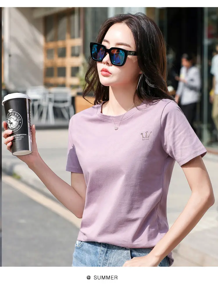 Women's Pink Crown Embroidered T-Shirt Short Sleeve Summer — feature 21