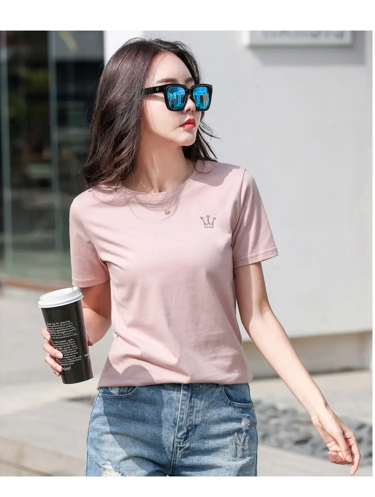 Women's Pink Crown Embroidered T-Shirt Short Sleeve Summer — feature 24